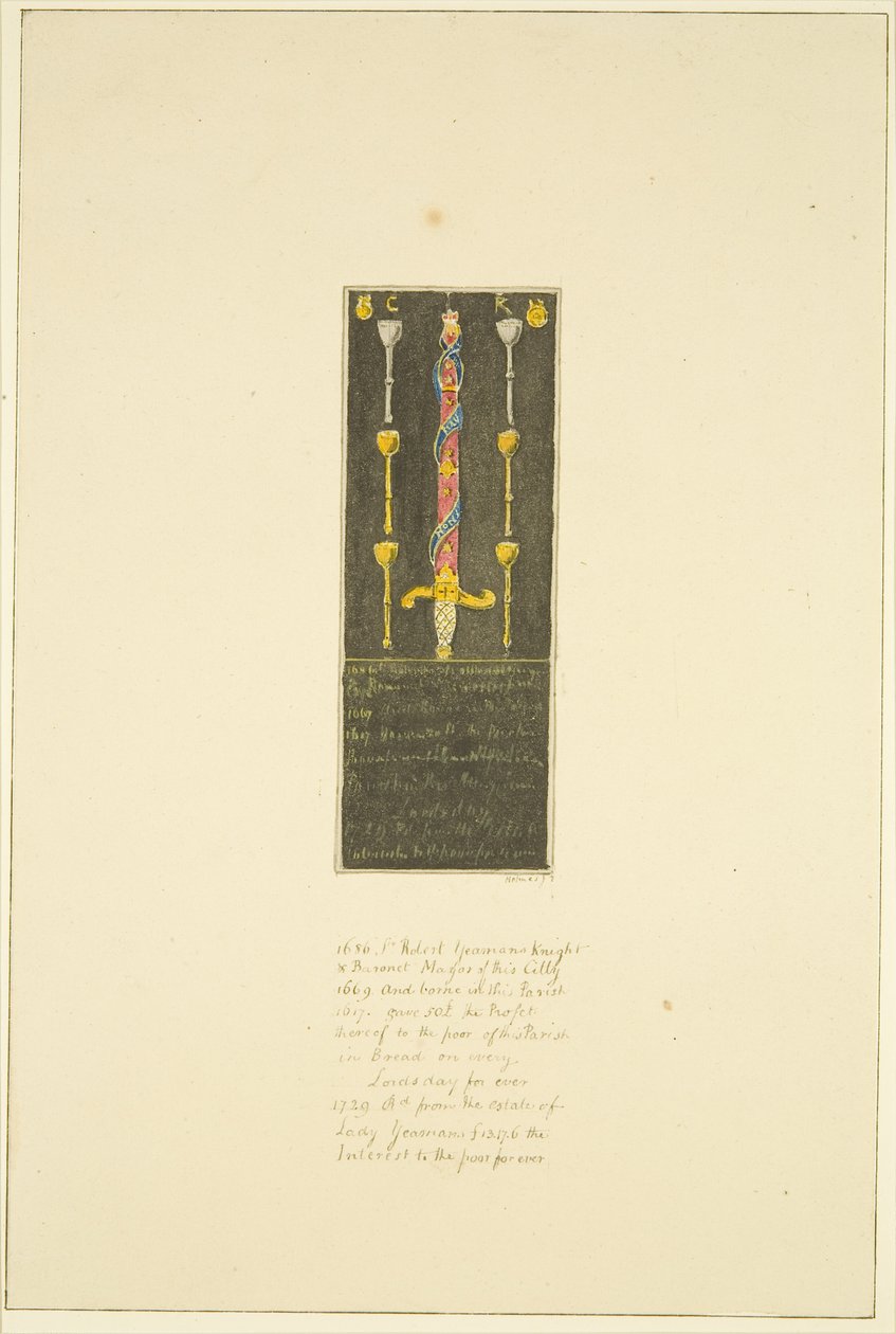 Korábban a St Mary Redcliffe északi fala mellett elhelyezett tábla Sir Robert Yeomans plébániának (Robert Yeamans) adott ajándékának emlékére (ceruza és akvarell papíron) alkotó: Marcus H. Homes