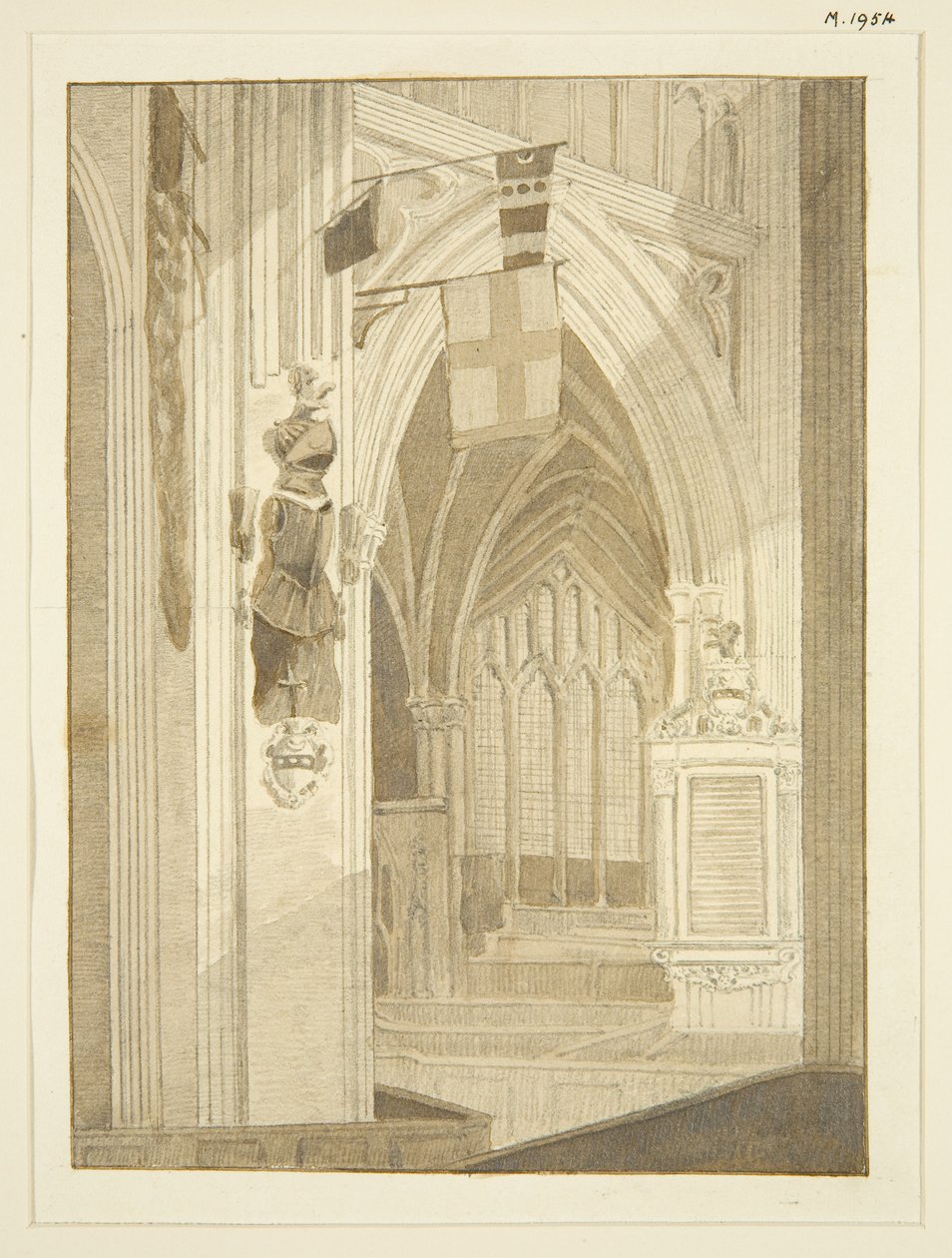 Penn emlékműve, transzparensek stb., St Mary Redcliffe-ben (ceruza és akvarell papíron) alkotó: Marcus H. Homes