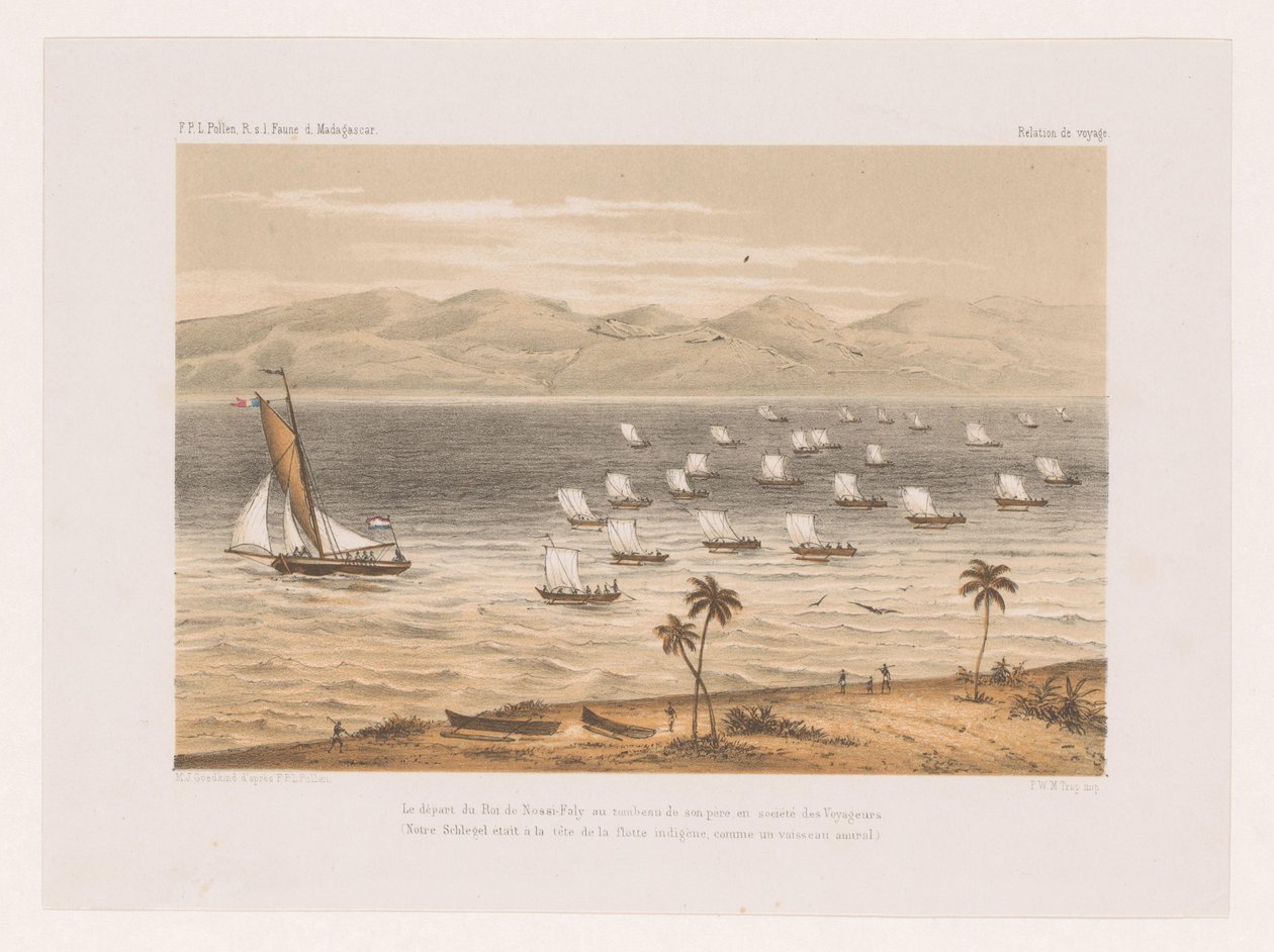 Nossi-Faly királyának elutazása apja temetésére Le départ du Roi de Nossi-Faly au tombeau de son père en société des Voyageurs (...) (cím a tárgyon) François P.L. utazása Pollen Madagaszkárra (sorozat címe) F.P.L. Pollen R.s alkotó: Marcus Jacob Goedkind