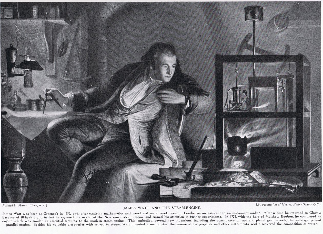James Watt és a Steam-Engine, illusztráció a „Hutchinson története a brit nemzetről”, 1923 körül alkotó: Marcus Stone
