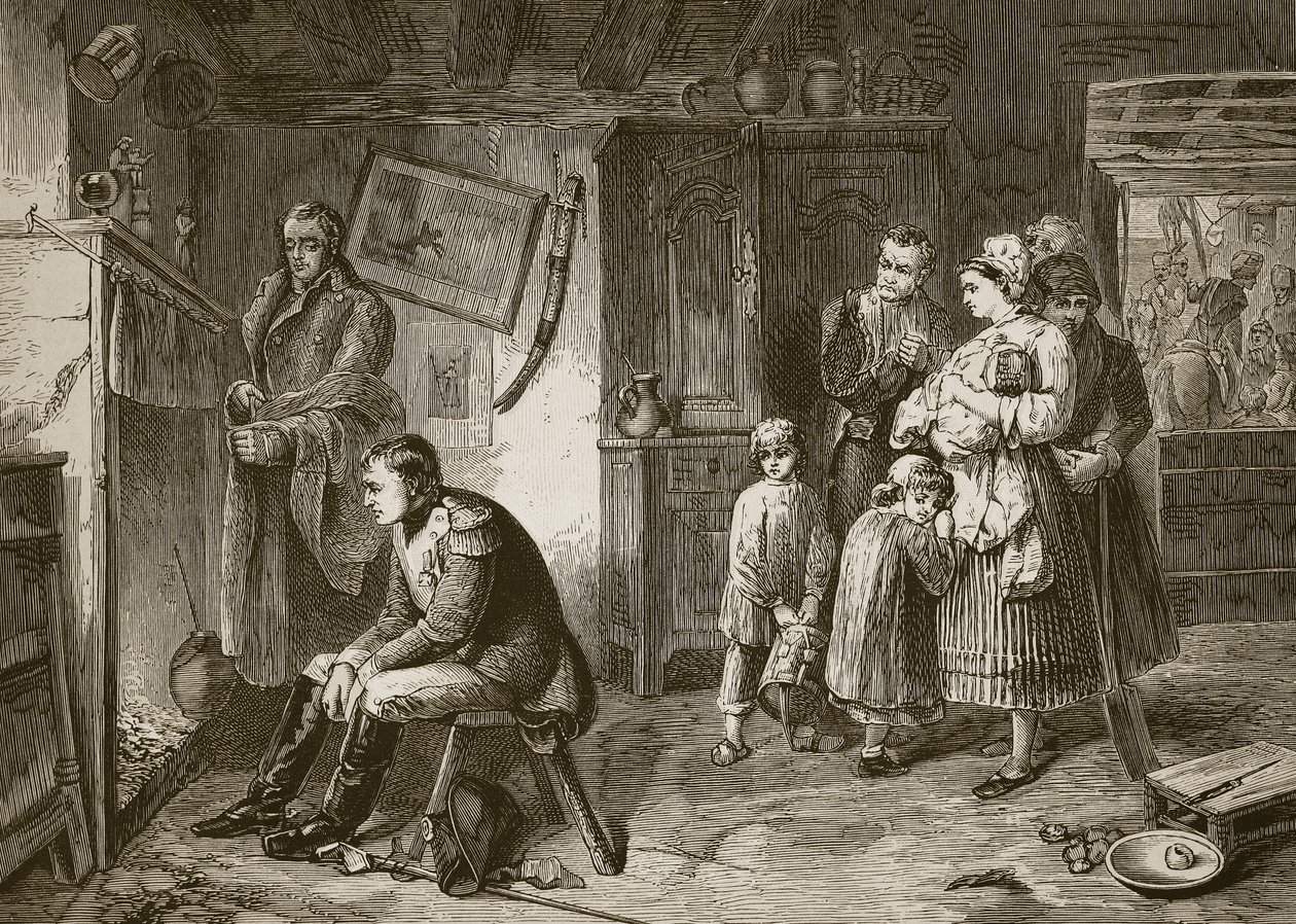 Napóleon egy út menti nyaralóban keres pihenőt a waterlooi veresége után, J. D. Cooper metszetével alkotó: Marcus Stone