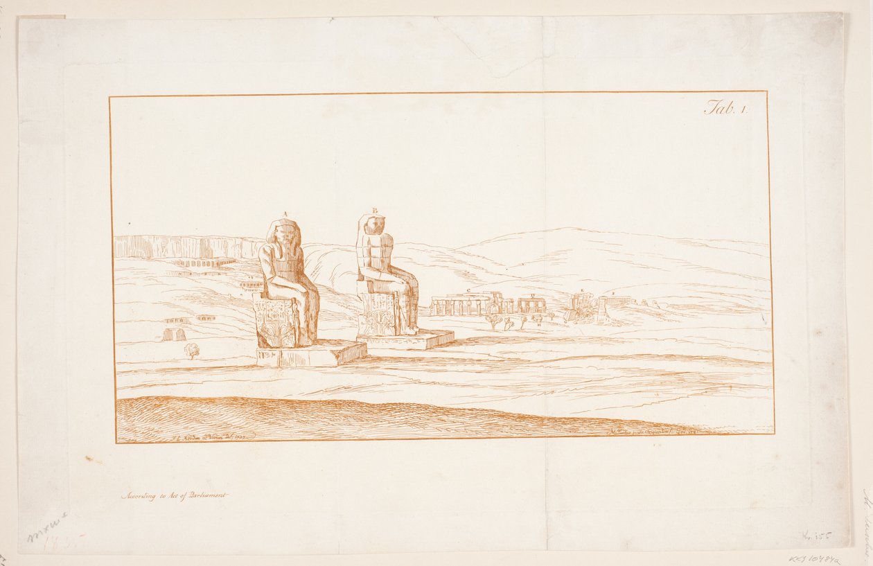 Illusztráció: "Néhány rom és kolosszális szobor rajzai az egyiptomi Thébában, a hírnév beszámolója a Királyi Társaságnak írt levélben", London, 1741 alkotó: Marcus Tuscher
