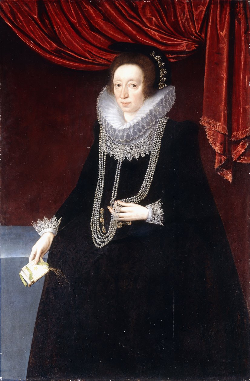 Margaret Belasyse portréja fekete ruhában, gyöngy nyaklánccal és könyvvel a jobb kezében alkotó: Marcus the Younger Gheeraerts