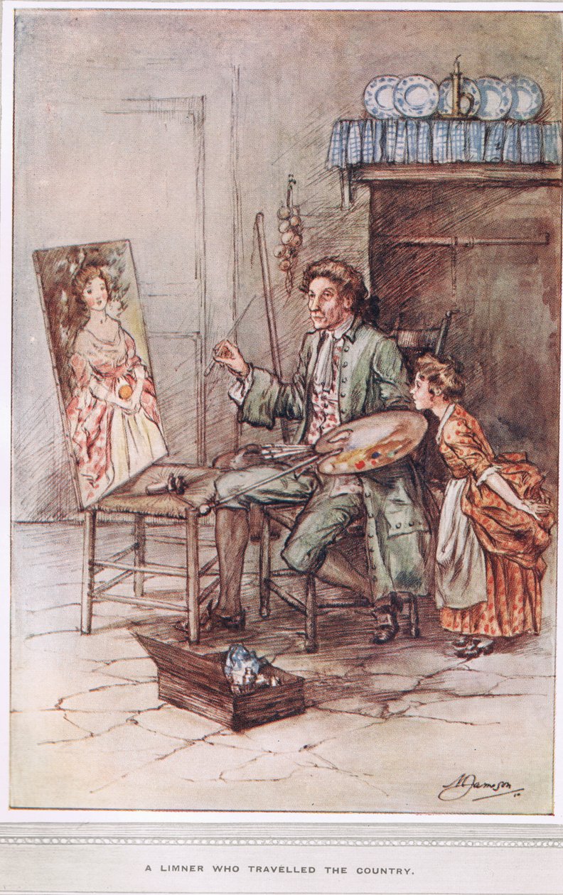 Egy Limner, aki beutazta az országot, illusztráció Oliver Goldsmith „The Vicar of Wakefield” című művéből, 1910 körül alkotó: Margaret Jameson