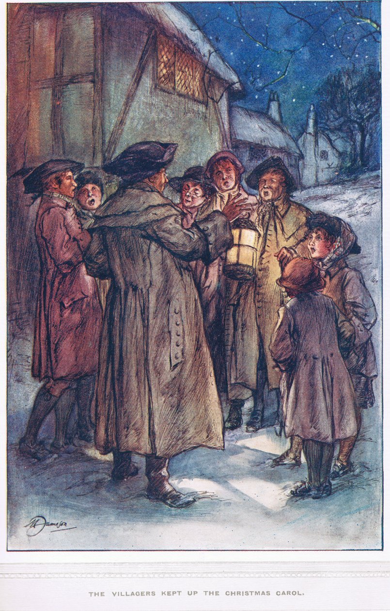 A falusiak folytatták a karácsonyi éneket, Oliver Goldsmith „The Vicar of Wakefield” című művéből, 1910 körül. alkotó: Margaret Jameson