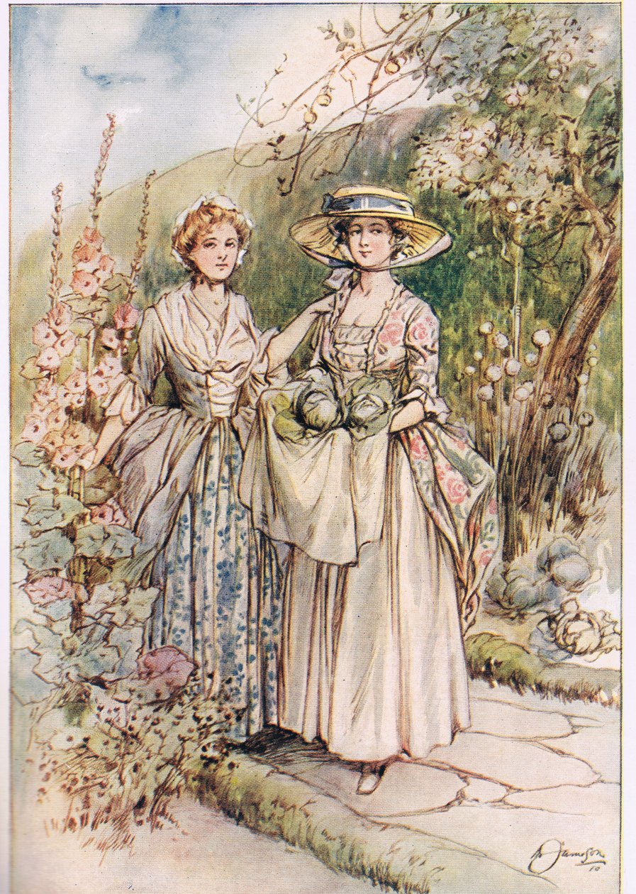 „Találkoztunk a kertben”, illusztráció Oliver Goldsmith „The Vicar of Wakefield” című művéből, 1910 körül alkotó: Margaret Jameson
