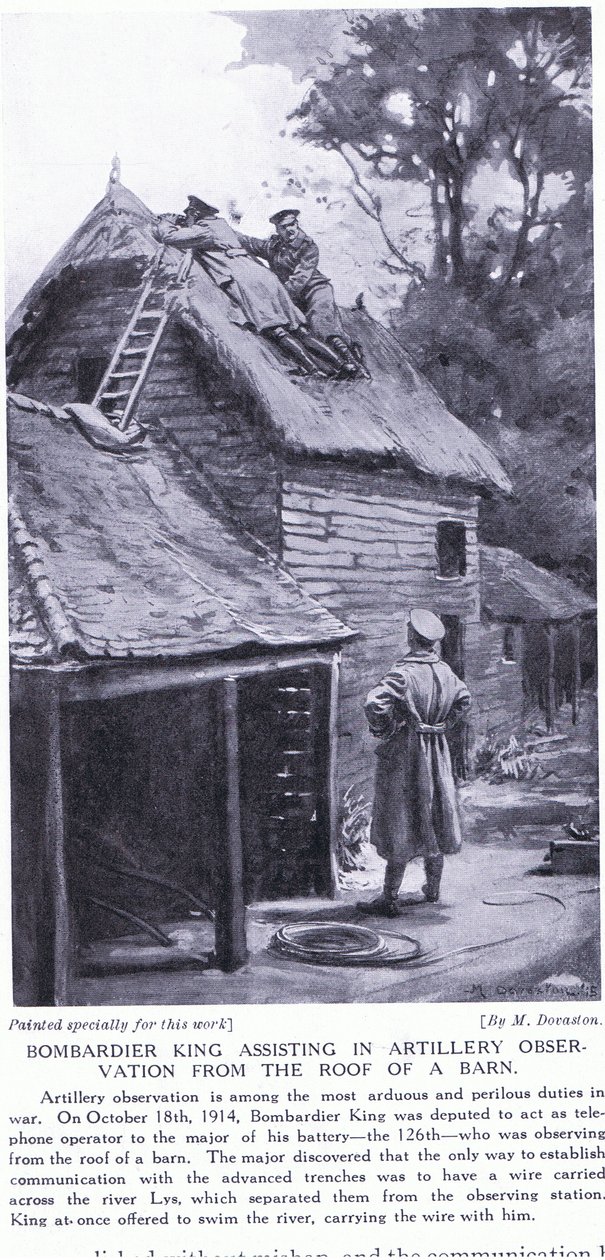 King bombázó a Lys folyó túlpartján egy pajta tetejéről segíti a tüzérségi megfigyeléseket 1914 október (litho) alkotó: Margaret Dovaston