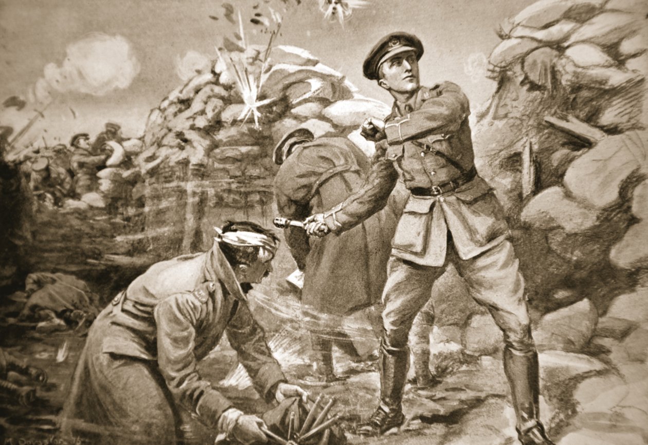 Vickers kapitány sakkban tartja az ellenséget, miközben mögötte gátat építettek (litho) alkotó: Margaret Dovaston