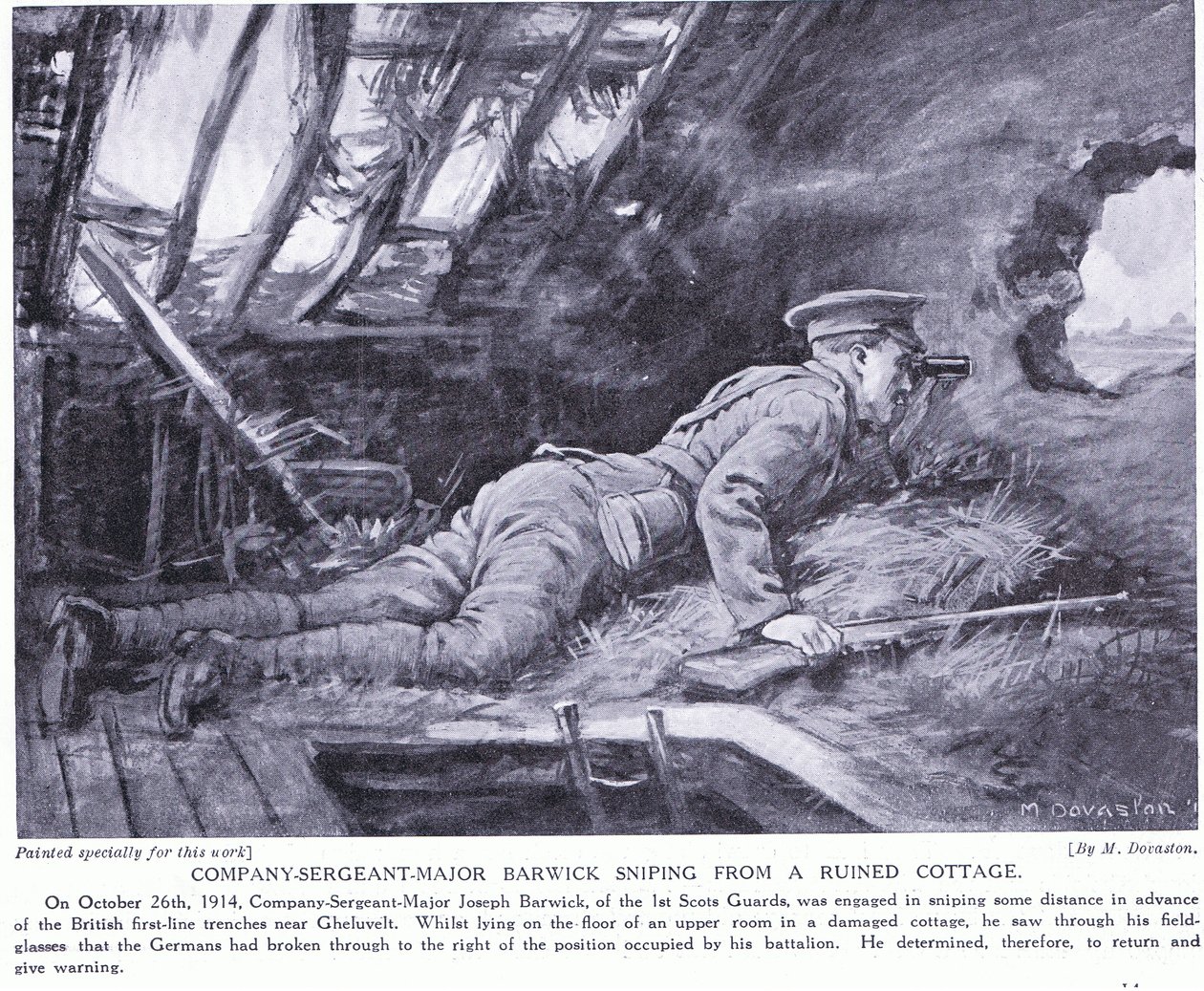 Barwick törzsőrmester egy romos házikóból lövöldözik Ghehuveltnél 1914 október (lithó) alkotó: Margaret Dovaston