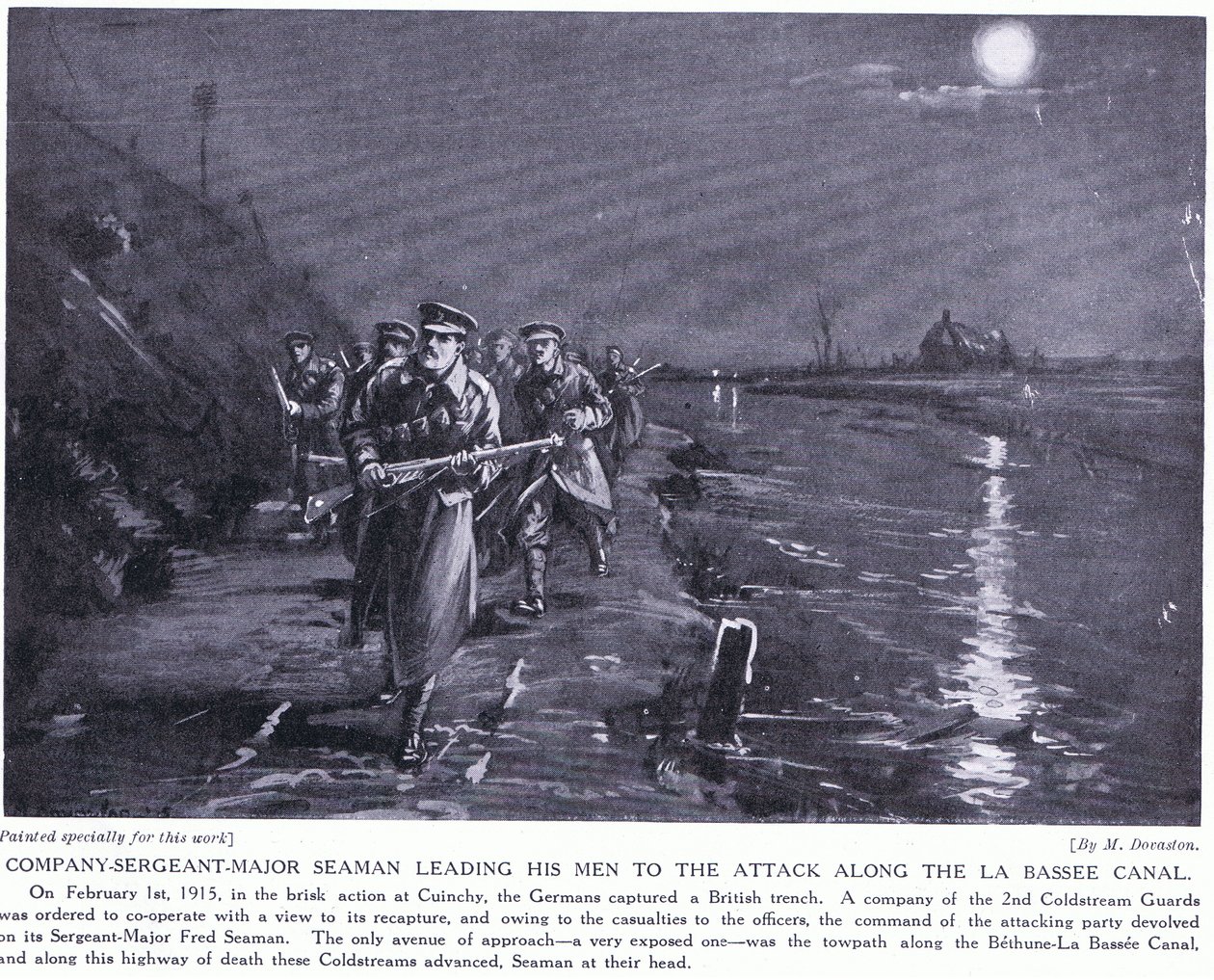 Seaman törzsőrmester a La Basse-csatorna mentén vezeti embereit 1915. február (litho) alkotó: Margaret Dovaston