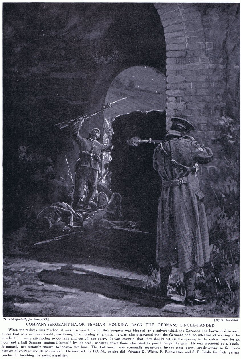 Seaman törzsőrmester egy német támadás egykezes visszatartásáért kitüntetést kapott 1915 februárjában (litho) alkotó: Margaret Dovaston