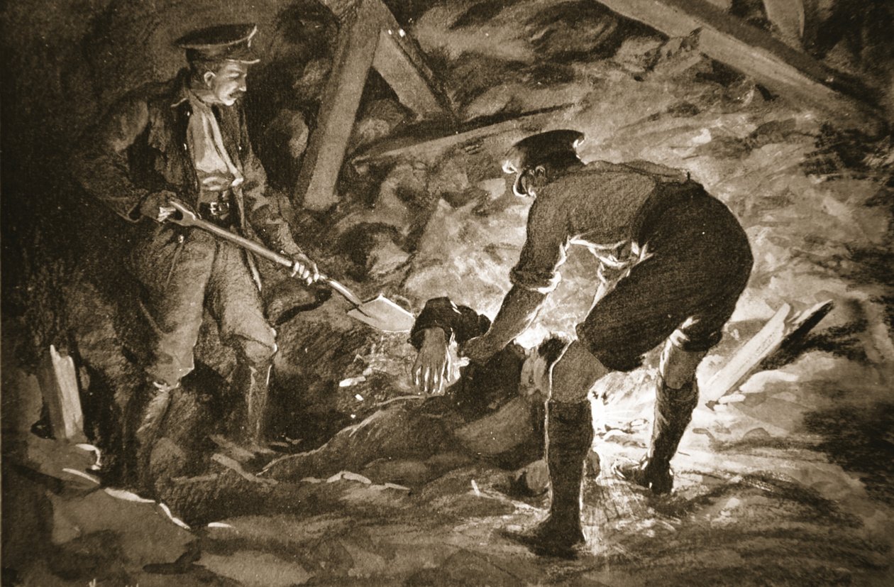 J. McCartney tizedes egy bajtárs segítségével kiássa a bányarobbanás által eltemetett bányászt (litho) alkotó: Margaret Dovaston