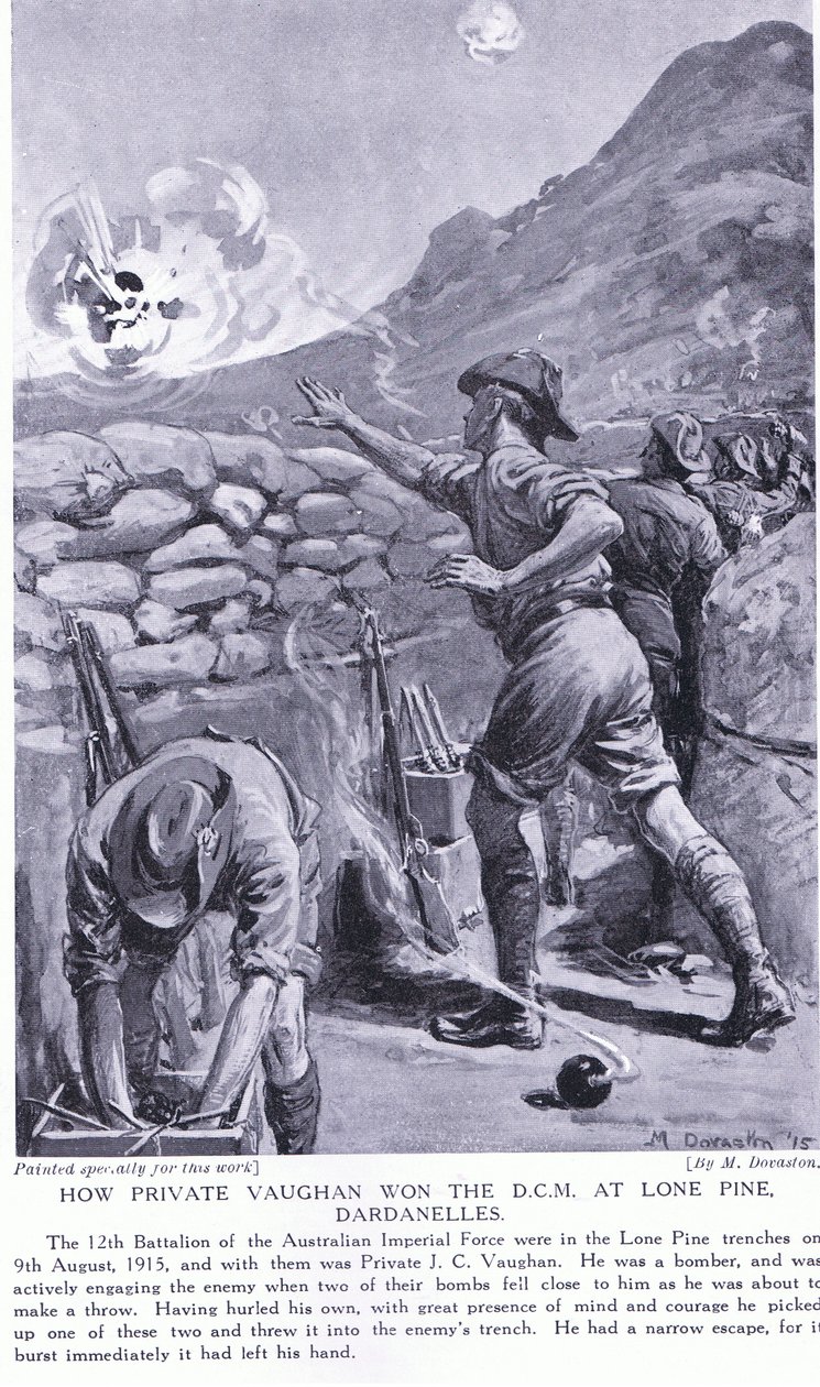 Hogyan nyerte el Vaughan közlegény a kitüntetést Lone Pine-nál a Dardanelláknál 1915 augusztusában (lithó) alkotó: Margaret Dovaston
