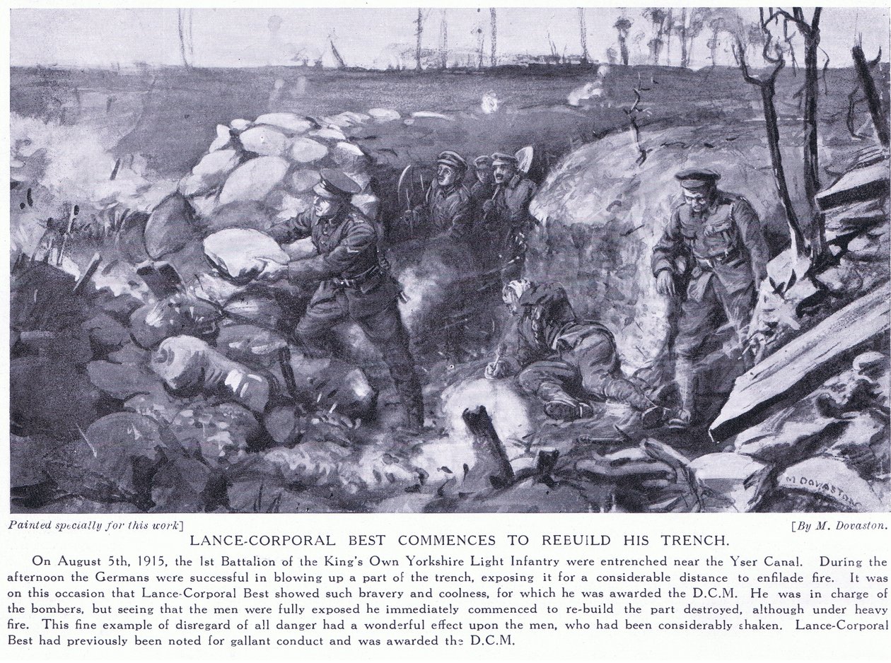 Best őrvezető kitüntetést kapott, amiért 1915 augusztusában heves tűz alatt megkezdte az Yser-csatorna melletti lövészárok újjáépítését (lithó). alkotó: Margaret Dovaston