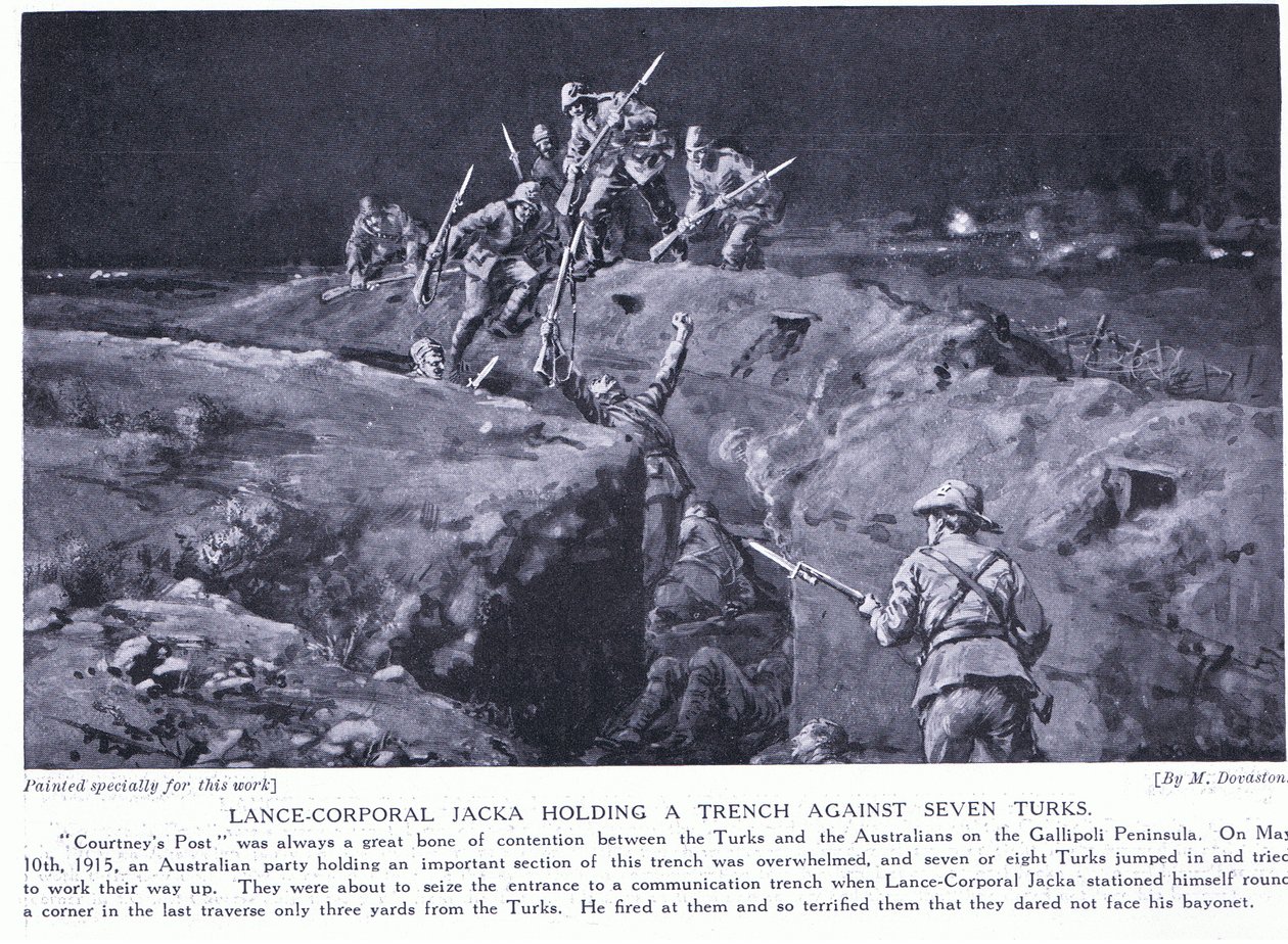 Jacka őrvezető VC-t nyer azzal, hogy megmutatja, hogyan győzhet le egy ember hetet 1915. május (lithó) alkotó: Margaret Dovaston