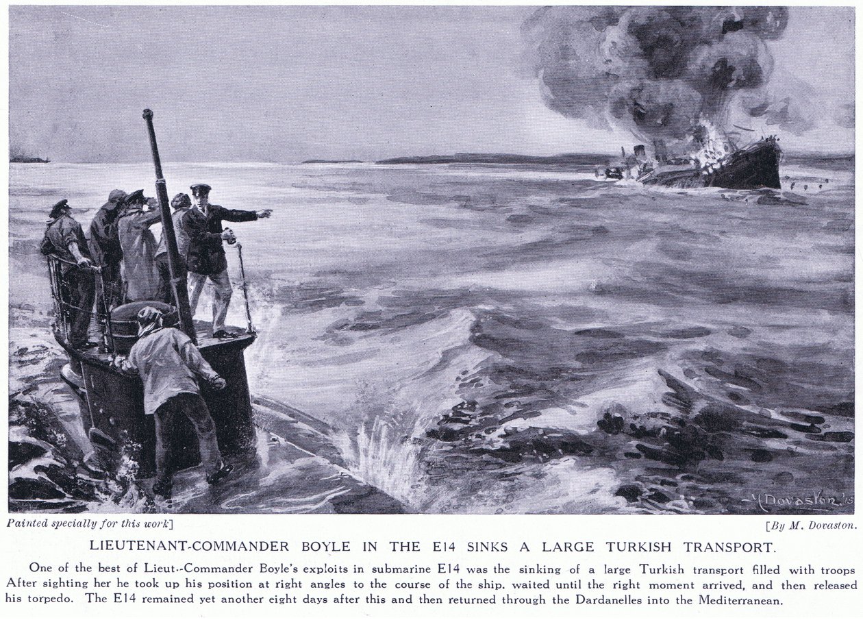 Boyle főhadnagy az E14-essel elsüllyeszt egy nagy török szállítóhajót 1915 (litho) alkotó: Margaret Dovaston
