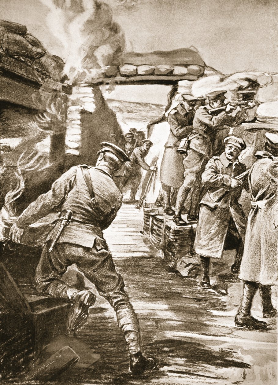 Callf közlegény egy lőszeres dobozt húz ki a gránátrobbanás által felgyújtott bombaraktárból (litho) alkotó: Margaret Dovaston