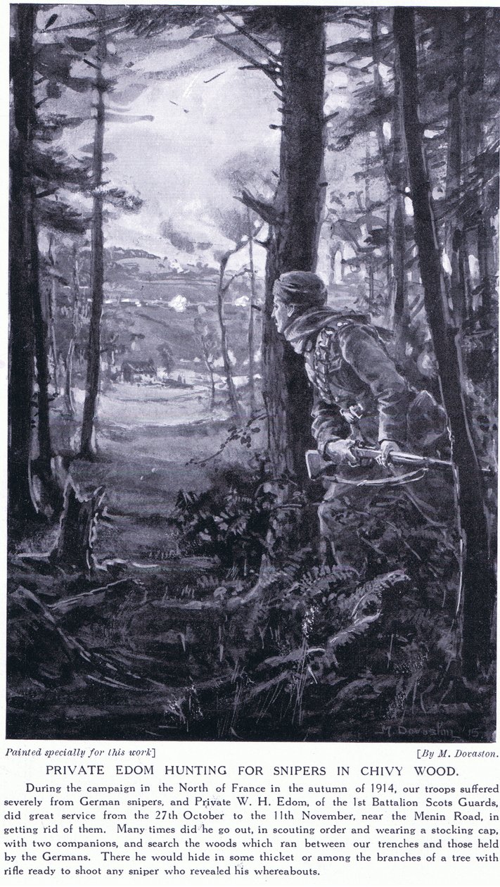 Edom közlegény mesterlövészekre vadászik a Chivy erdőben, 1914 őszén (lithó) alkotó: Margaret Dovaston