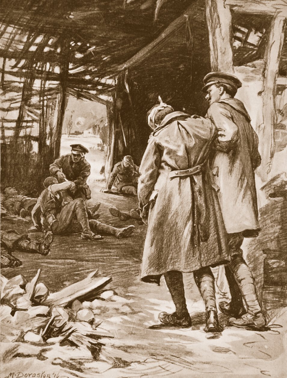 J.S. Kerr közlegény elsősegélyt nyújt a sebesülteknek egy erősen lőtt tanyán (litho) alkotó: Margaret Dovaston