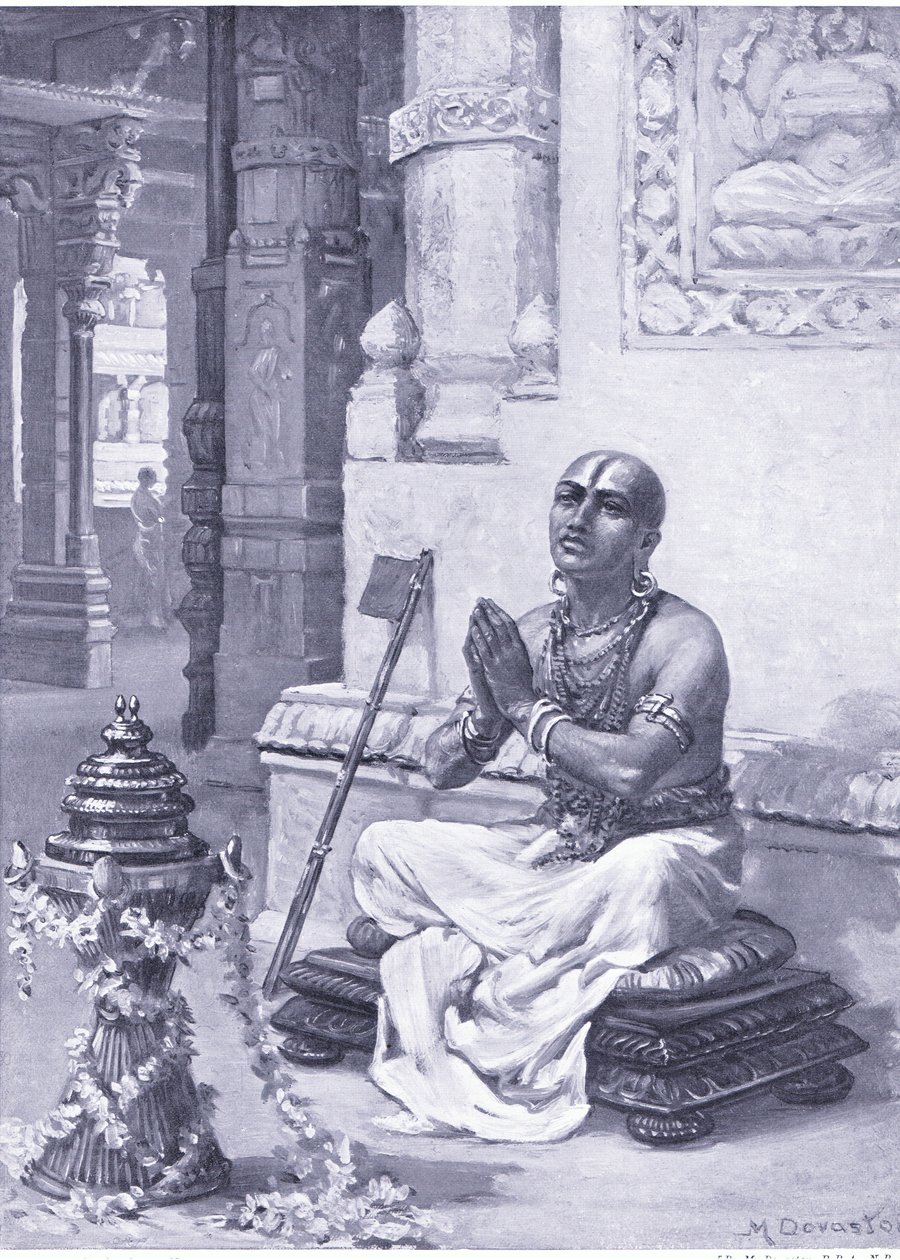 Ramanuja elmélkedik az egy személyes Istenről szóló filozófiájáról Kr. u. 1100 (litó) alkotó: Margaret Dovaston
