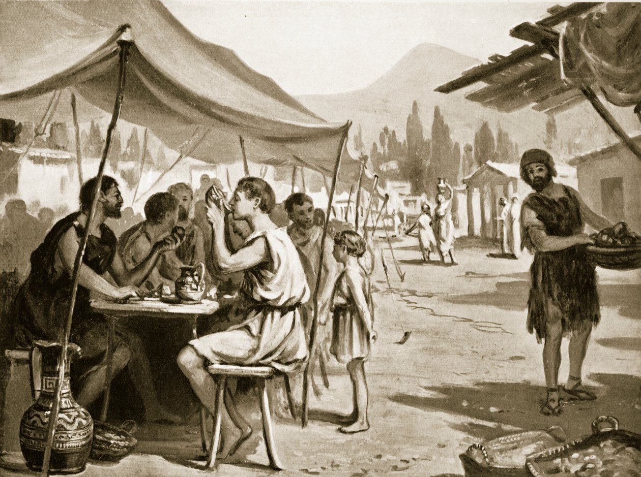 A spártaiak nyilvános asztaloknál étkeznek, illusztráció a "Hutchinson