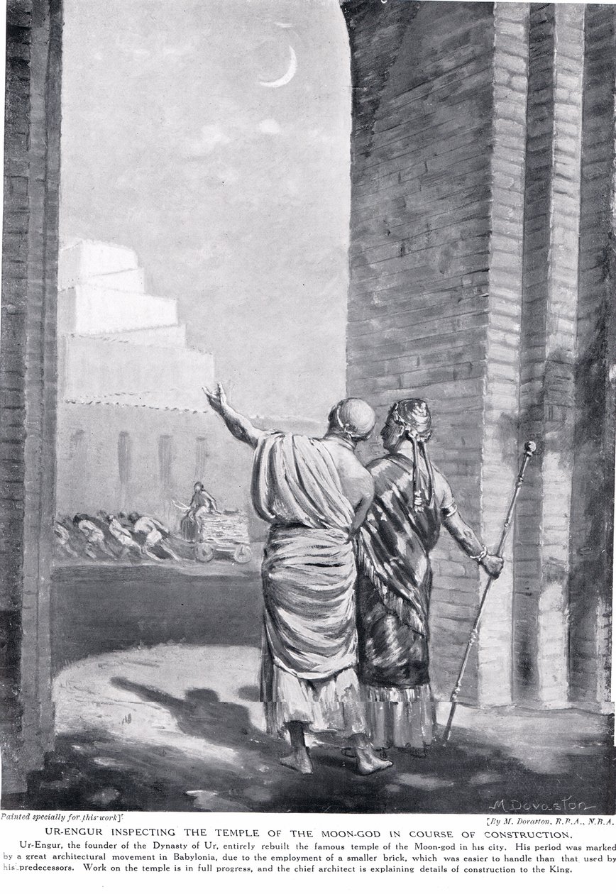 Ur-Engur a Holdisten templomának építése közbeni ellenőrzése, illusztráció Hutchinson "History of the Nations" című művéből (litográfia). alkotó: Margaret Dovaston