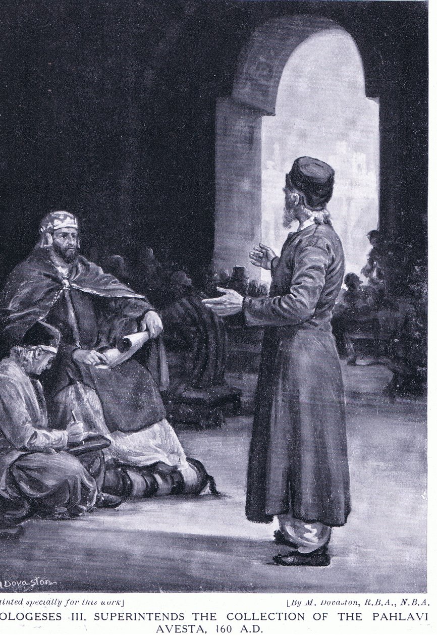 III. Vologesisz felügyeli a pahlavi aveszta gyűjtését Kr. u. 160 (litográfia) alkotó: Margaret Dovaston