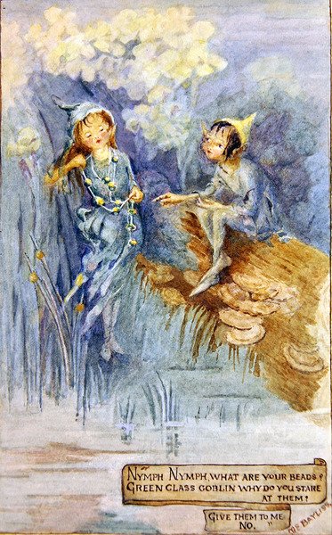 A nimfa és a zöld goblin (akvarell a fedélzeten) alkotó: Margaret E. Bayliss