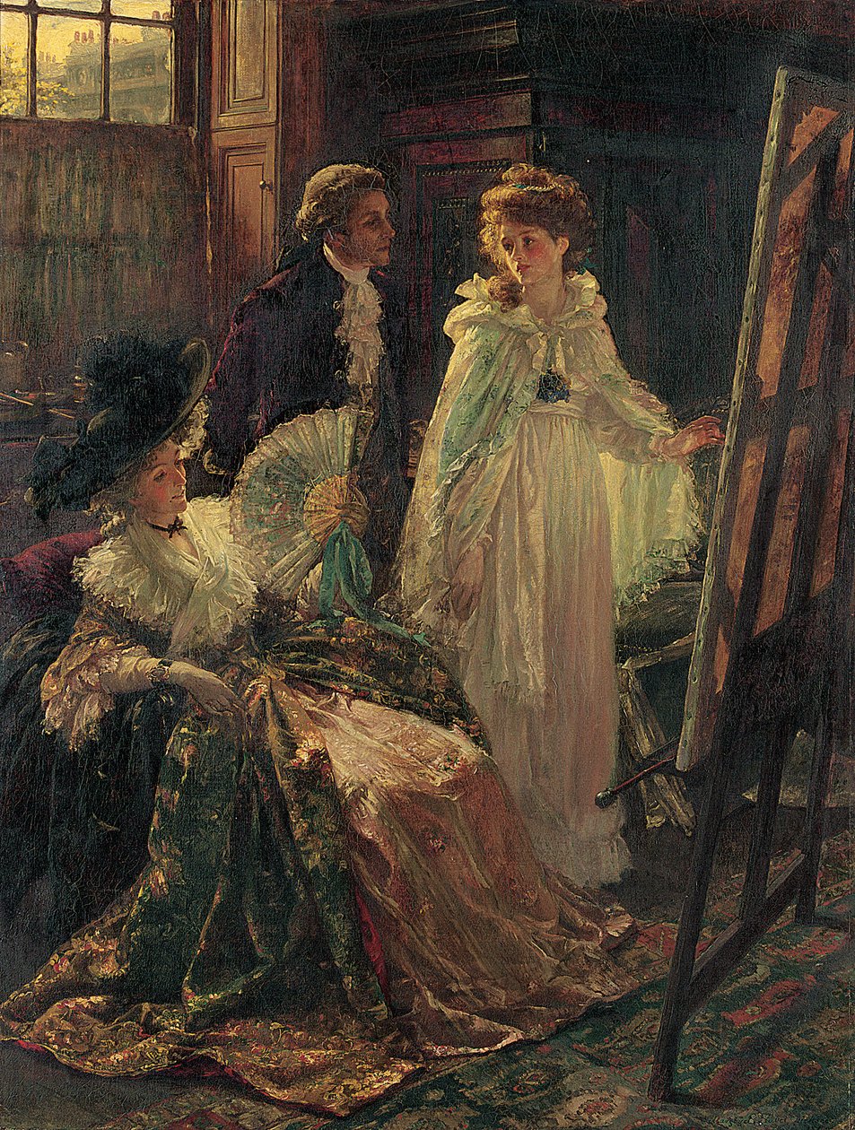 Miss Angel, Angelica Kauffman, akit Lady Wentworth mutat be, meglátogatja a Mr. Reynolds Stúdiót, 1892 alkotó: Margaret Isabel Dicksee