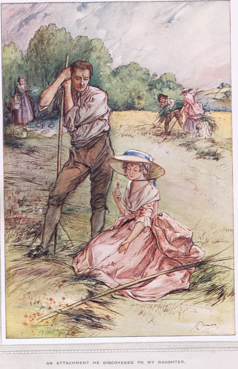 „Egy kötődés, amelyet a lányomhoz fedezett fel”, illusztráció Oliver Goldsmith „The Vicar of Wakefield” című művéből, 1910 körül alkotó: Margaret Jameson