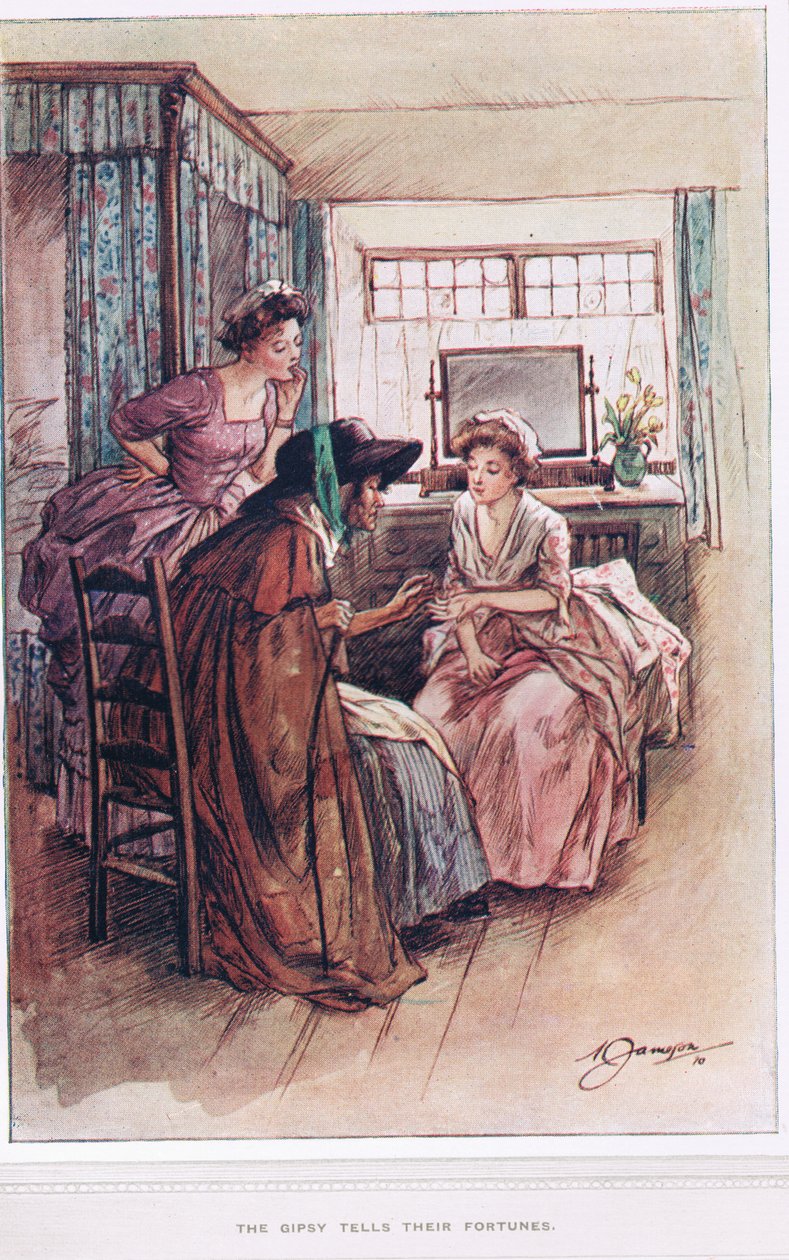 A cigányok elmondják a vagyonukat, illusztrációja Oliver Goldsmith „The Vicar of Wakefield” című művéből, 1910 körül alkotó: Margaret Jameson
