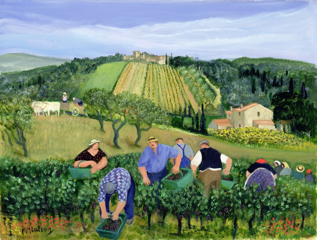 Szőlőültetvény, olajbogyó és napraforgó (olaj, vászon) alkotó: Margaret Loxton