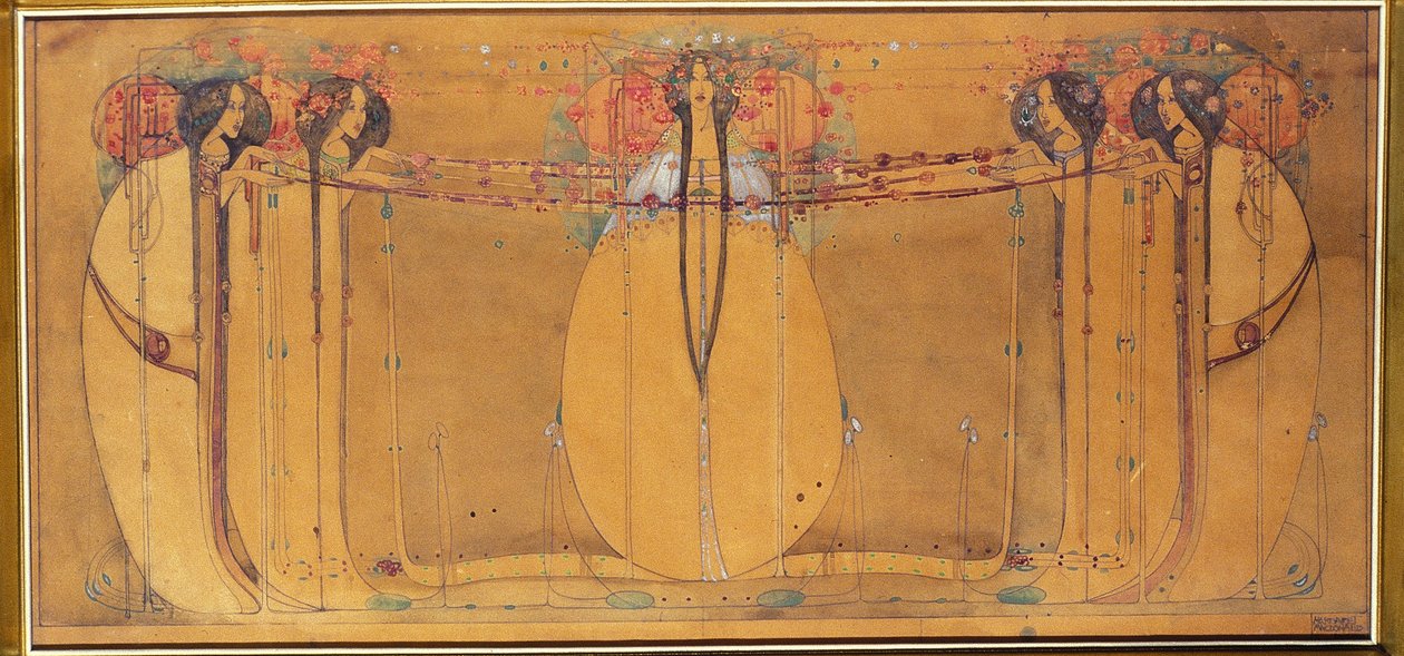 May Queen, Rajzfilm az Ingram Street Tearooms panelhez, 1900 körül (akvarell papíron) alkotó: Margaret Macdonald