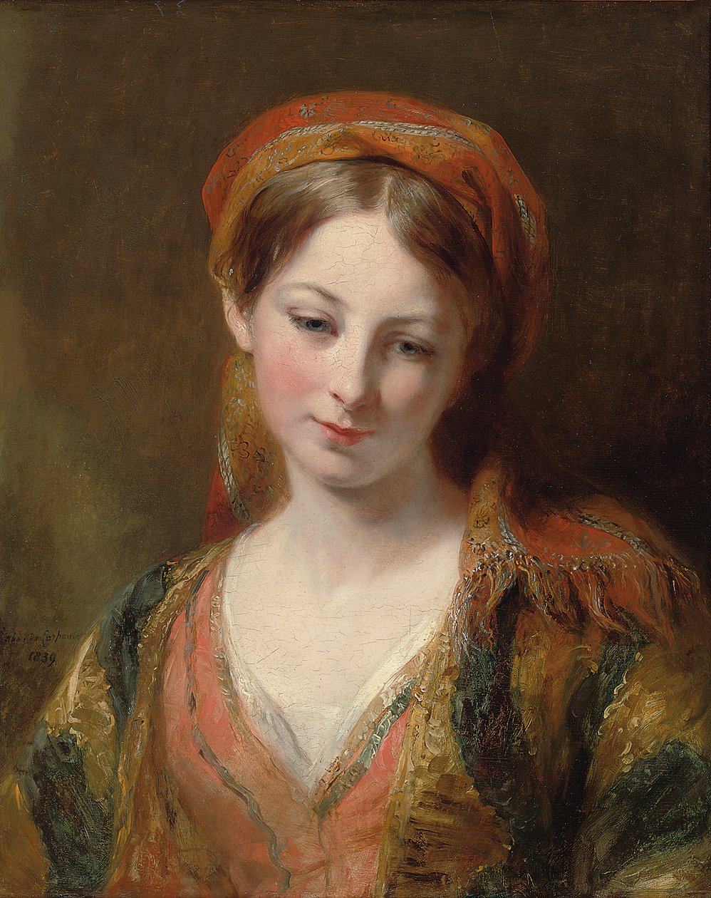 Egy fiatal lány portréja, feltételezhetően Henrietta Carpenter, mellhosszúságú, keleti ruhában, 1839 alkotó: Margaret Sarah Carpenter