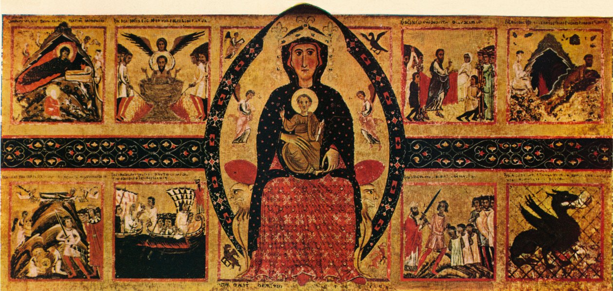 A szűz és a trónon lévő gyermek, narratív jelenetekkel, 1263, 1911 alkotó: Margarito d