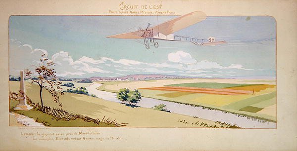 Charles de Lambert gróf egy Bleriot monoplannal repül a nyugati körpályán, kiadó: Mabileau, Párizs alkotó: Marguerite (fl.1909 14) Montaut