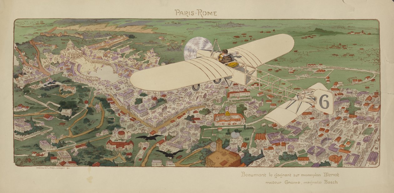 Beaumont Bleriot monoplánja Rómába érkezik, megnyerve a Párizs-Róma légiversenyt alkotó: Marguerite (fl.1909 14) Montaut
