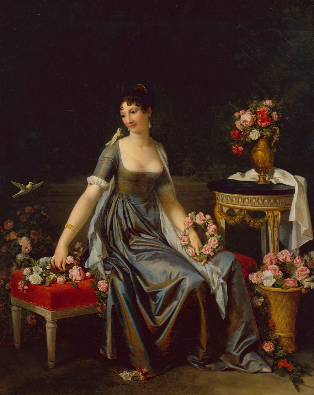 Egy hölgy portréja, virágokkal és madarakkal körülvéve, 1800 körül (olaj, vászon) alkotó: Marguerite Gerard