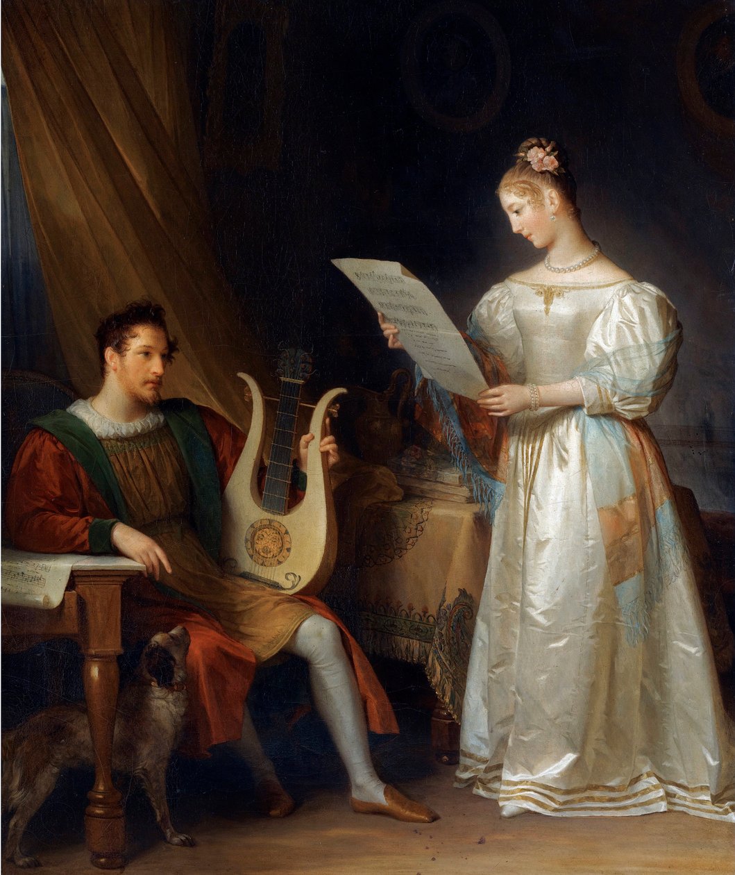 ""Egy férfi, aki egy lírát tart, egy nő pedig egy kottát tart egy belső térben"" (Belső lírát tartó férfival és kottával nő) Marguerite Gerard (1761-1837) festménye, - Olaj, vászon Dim 64 5x55 cm Magángyűjtemény alkotó: Marguerite Gerard