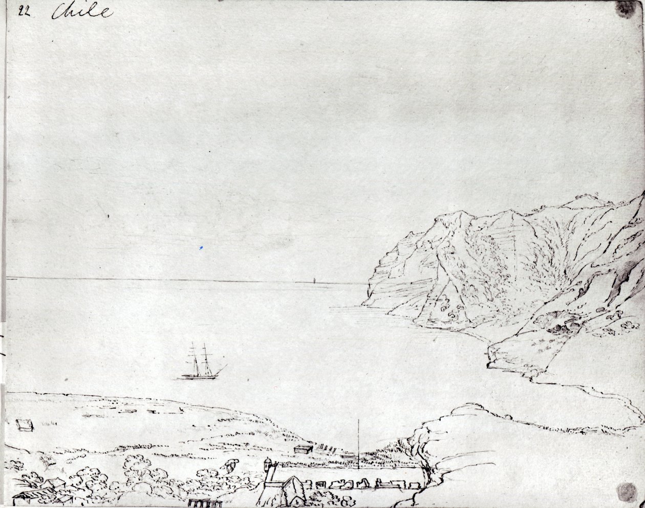 Kilátás a Chile partjaira (toll és tinta eltávolítása papíron) alkotó: Maria Callcott