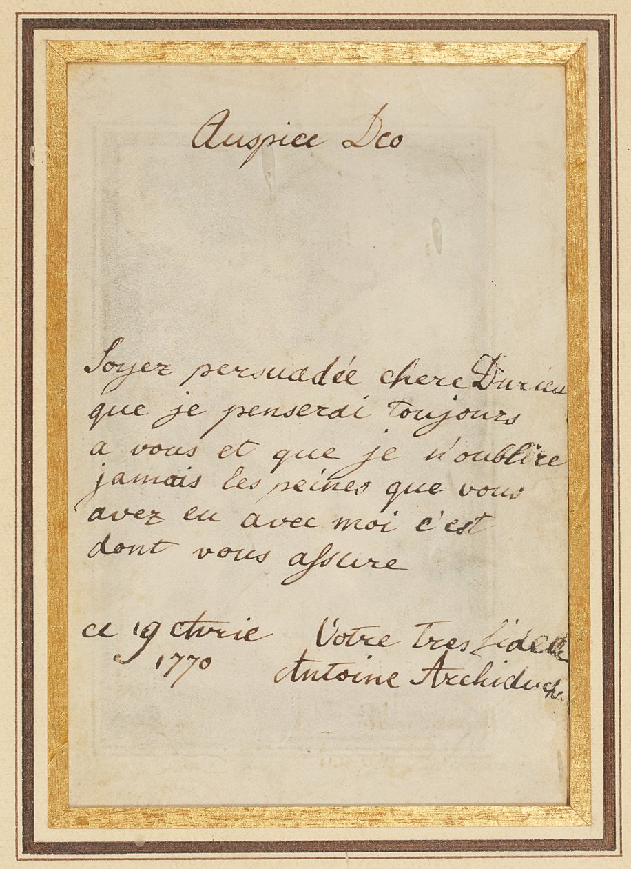 Autogramlevél Thérèse-nek vagy Barbe Durieux-nak, 1770. április 19-én alkotó: Maria Antonia Josepha Johanna von Habsburg Lothringen