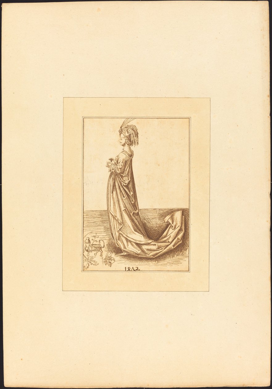 Egy hölgy hosszú ruhában alkotó: Maria Catharina Prestel after Martin Schongauer