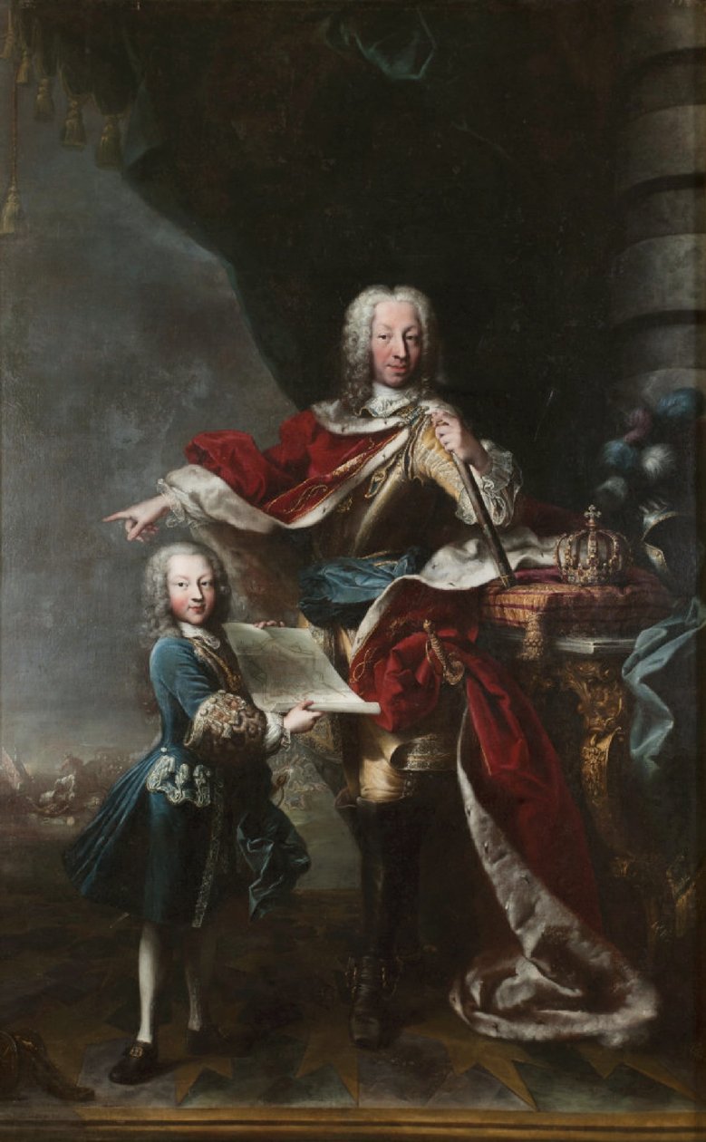 "III. Viktor Amadé gyermekként megmutatja apjának, Savoyai III. Károly Emánuelnek a milánói vár térképét. III. Károly Emánuel és Savoyai III. Viktor Amadé portréja". alkotó: Maria Giovanna Clementi