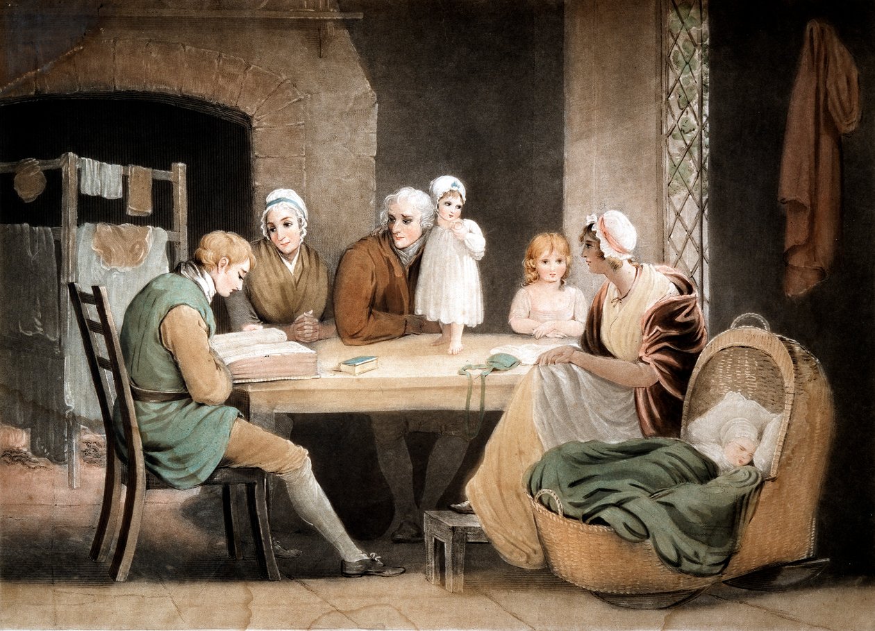 Három generáció hallgat egy felolvasást a családi Bibliából, c1800 alkotó: Maria Spilsbury