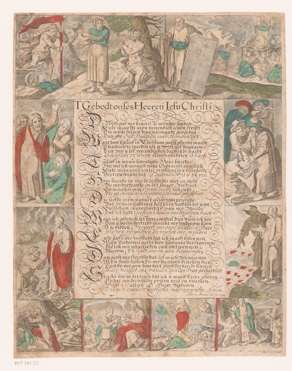 Kalligráfos szöveg, amely jeleneteket ábrázol Krisztus életéből T Prayer Onses Heeren Iesu Christi (cím a tárgyon) alkotó: Maria Strick Becq