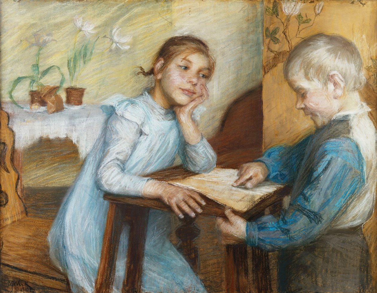 Belső tér egy lánynak felolvasó fiúval, 1912 alkotó: Maria Wiik