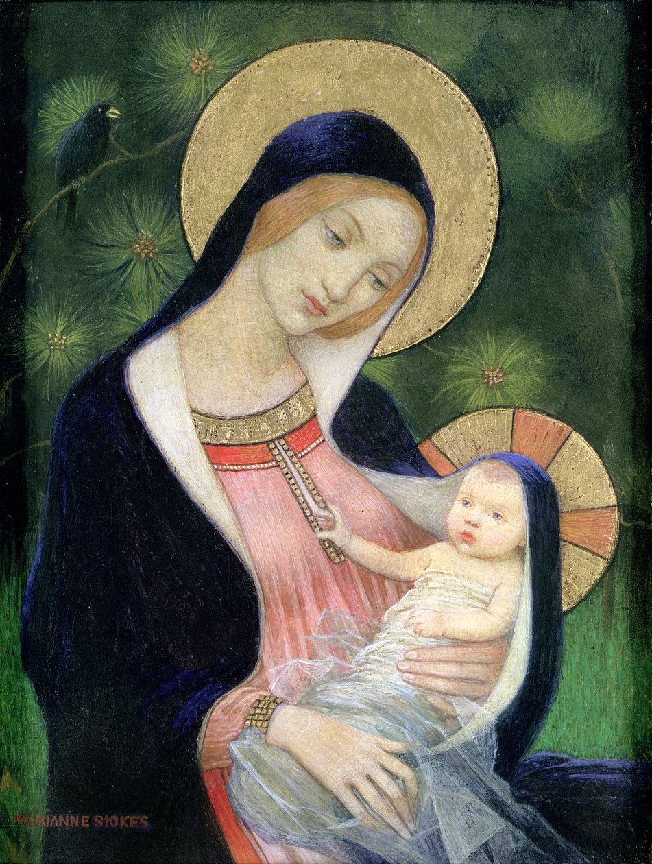 Fenyőfa Madonna, 1925 (tempera és aranyozott gesso a fedélzeten) alkotó: Marianne Stokes
