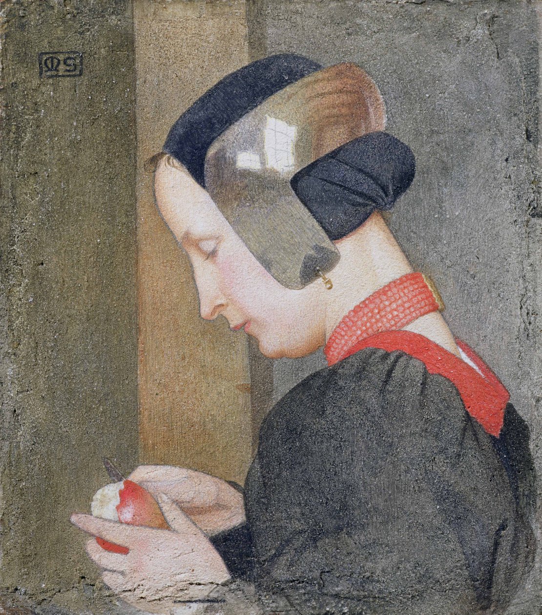 Egy almát hámozó hölgy portréja (tempera a gesztusos panelen) alkotó: Marianne Stokes