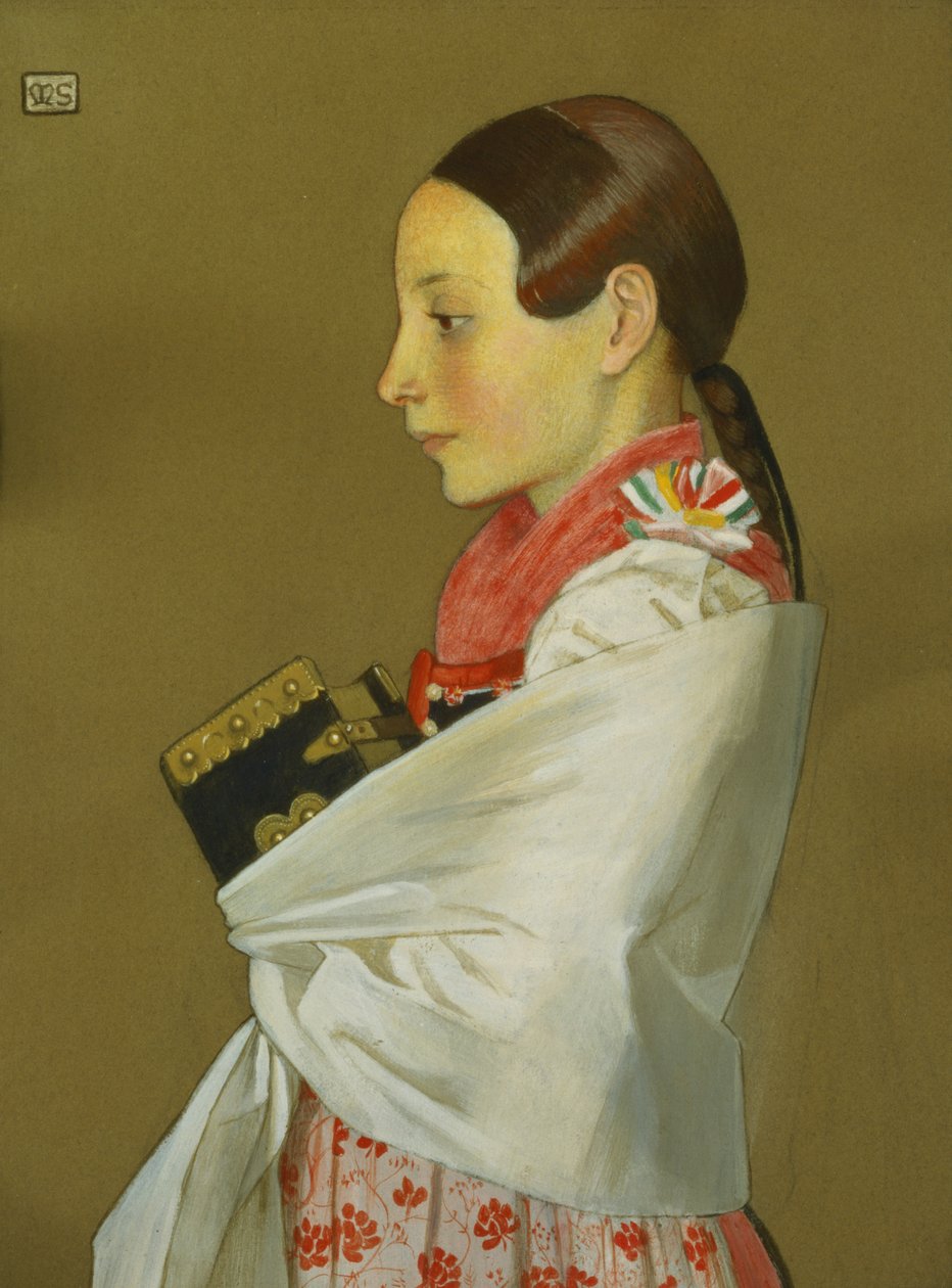 Templomba járó menguszfalvi fiatal lány, 1905-2007 körül (faszén és gouache papíron) alkotó: Marianne Stokes