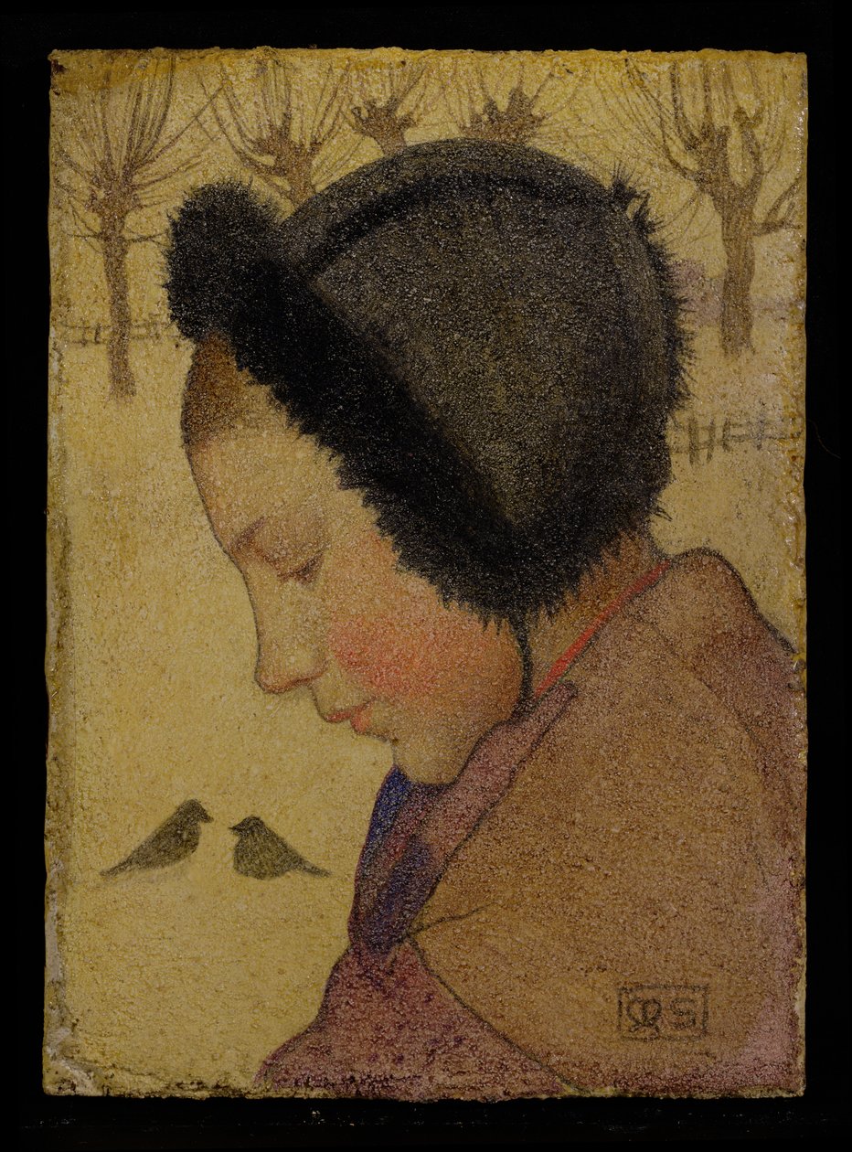 Egy fiatal lány feje szőrmekalapban (olaj és gesso a fedélzeten) alkotó: Marianne Stokes